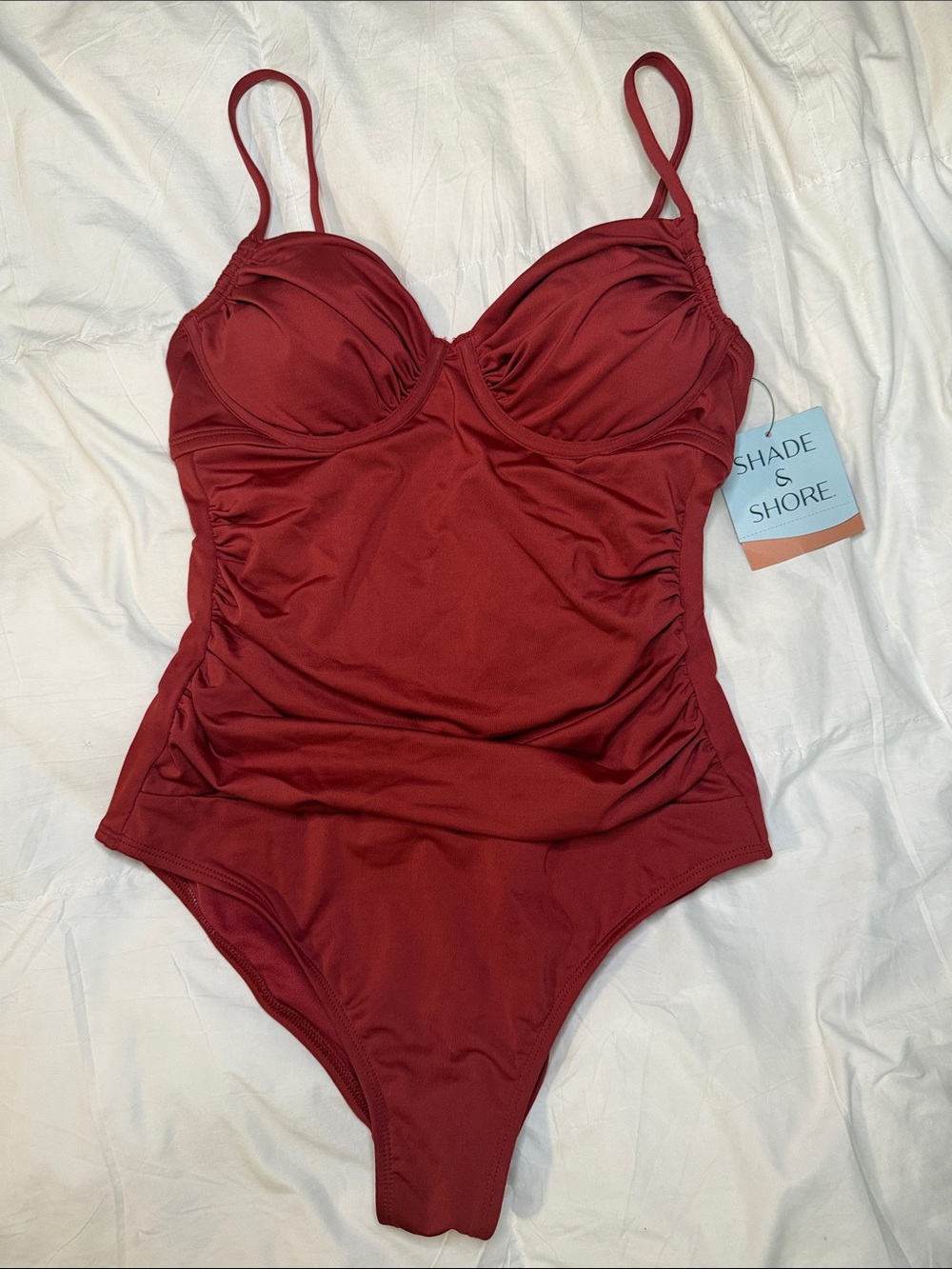 NWT Shade & Shore Terracotta Red Ruched Underwire One Piece Swimsuit XS